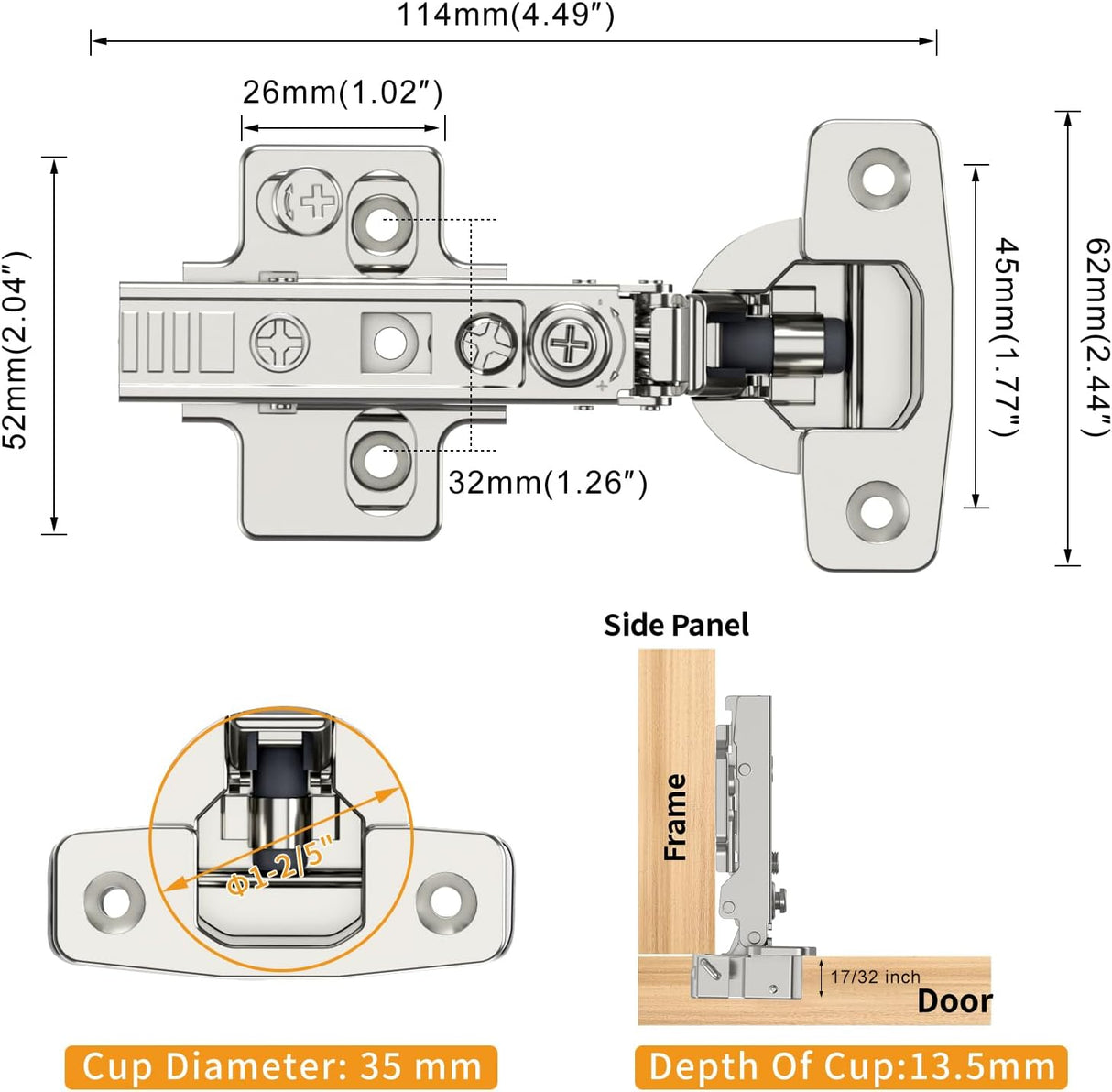 Chibery Frameless Soft Close Concealed European Hinges, Self Closing Satin Nickel, 105 ° Open Angle 4D Adjustment, Speed Control, Clip On, Stainless Steel for Cabinet Door