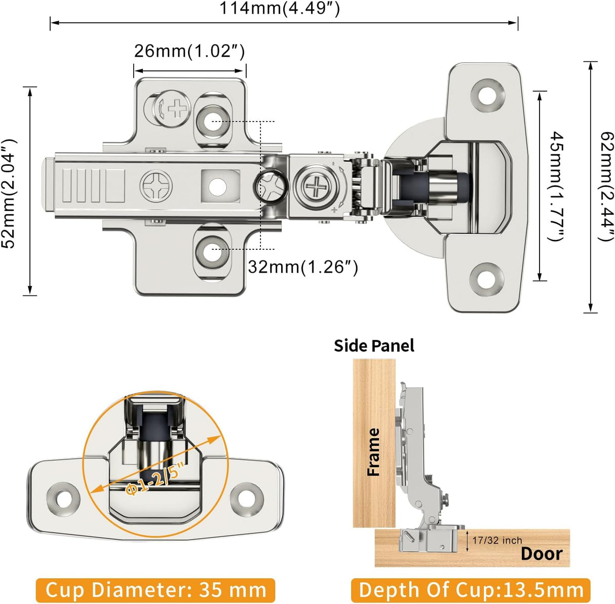 Chibery Frameless Soft Close Concealed European Hinges, Self Closing Satin Nickel, 105 ° Open Angle 4D Adjustment, Speed Control, Clip On, Stainless Steel for Cabinet Door