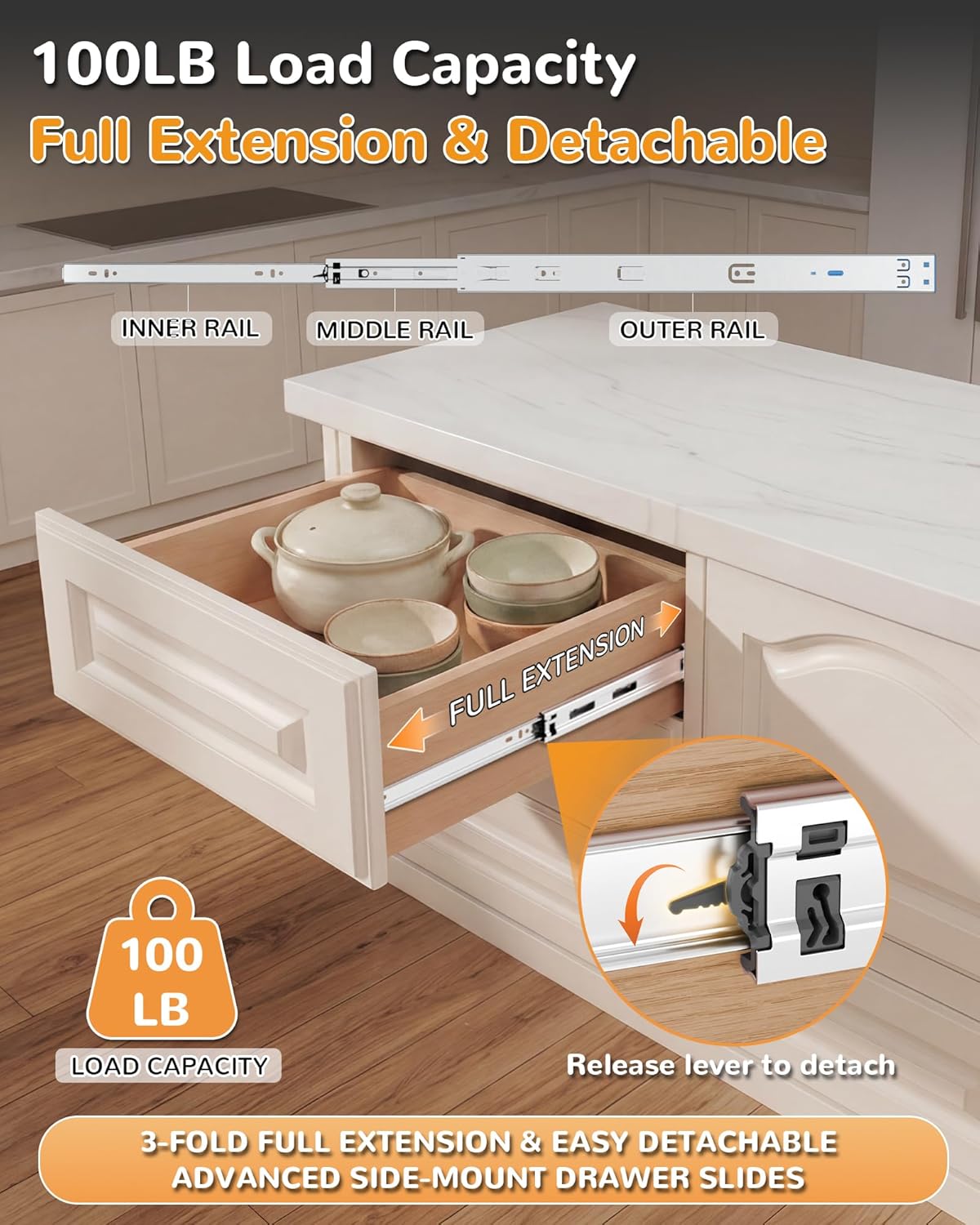 100LB Side Mount Heavy-Duty Soft Close Full Extension Drawer Slides with Mounting Brackets