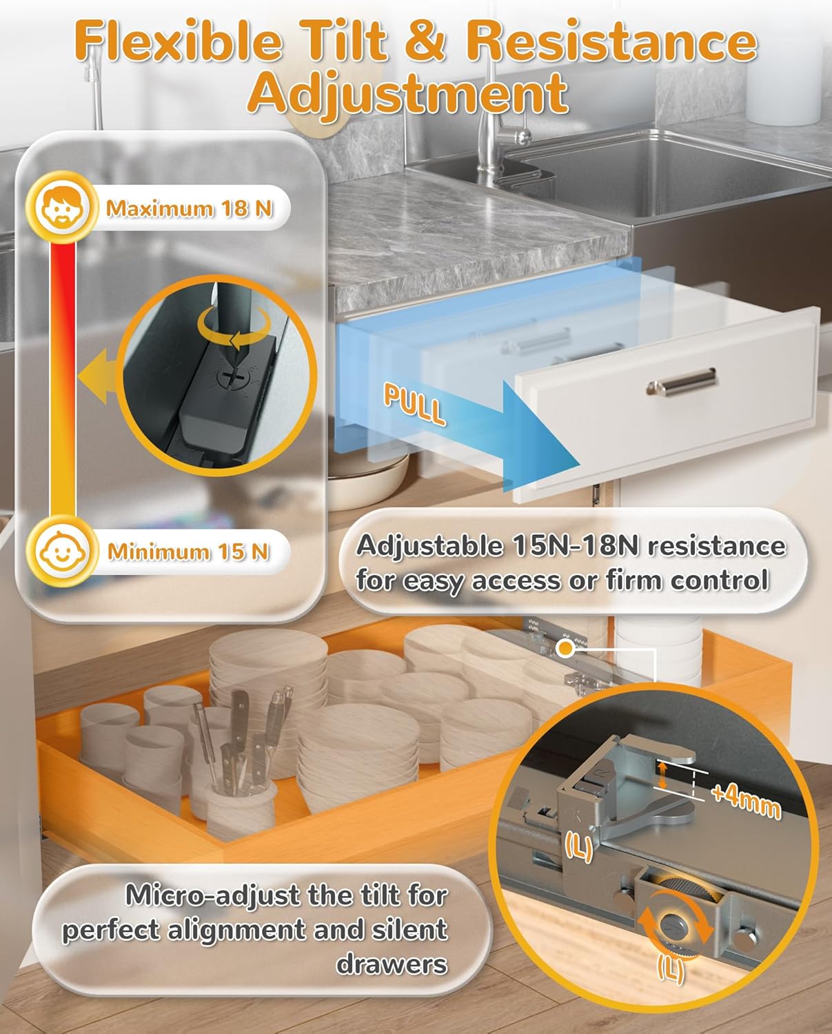 100 LB 21 Inch 5D Full Extension Soft Close Concealed Bottom Mount Drawer Slides Locking Device & Rear Mount Brackets