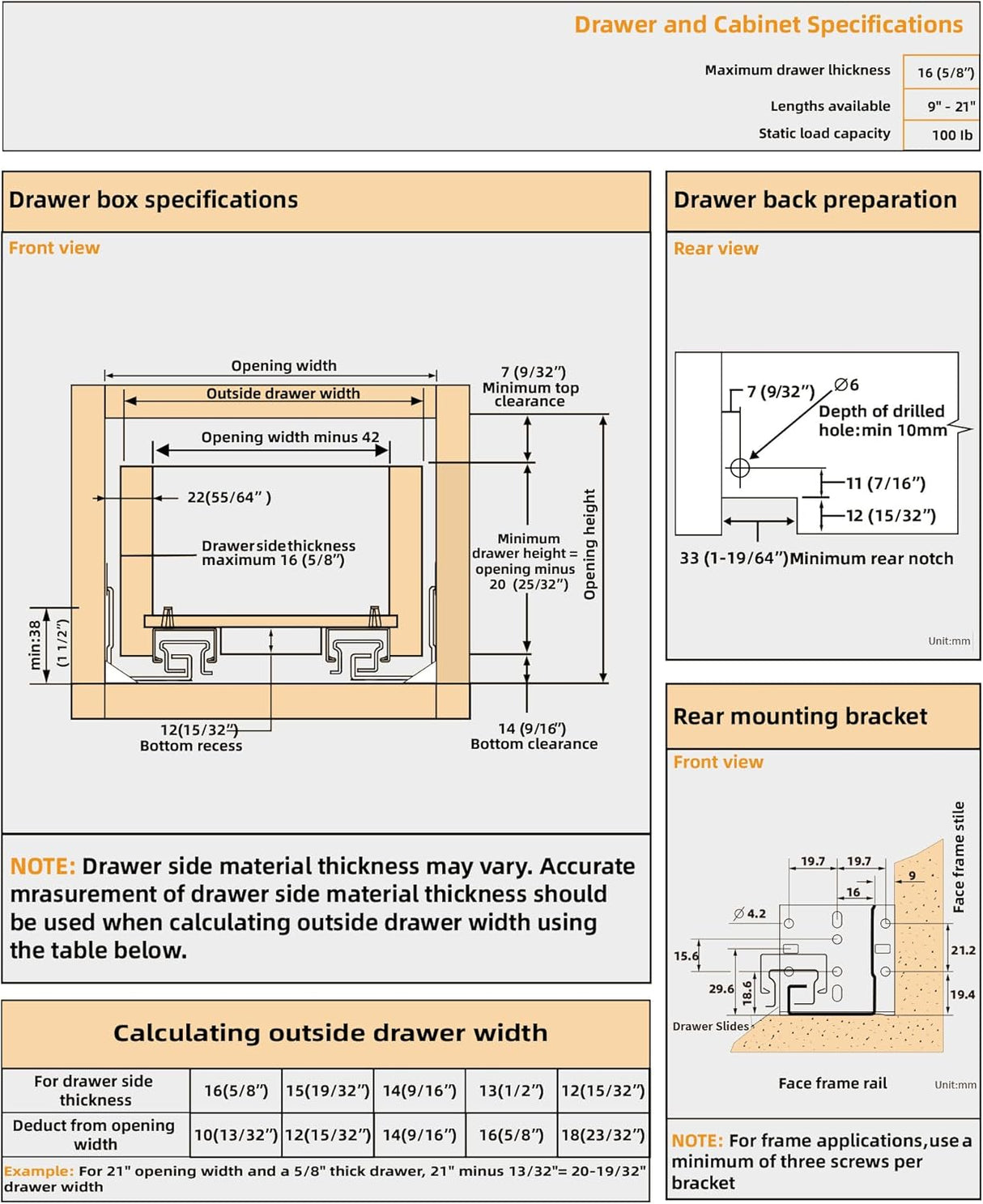 100 LB 21 Inch 5D Full Extension Soft Close Concealed Bottom Mount Drawer Slides Locking Device & Rear Mount Brackets